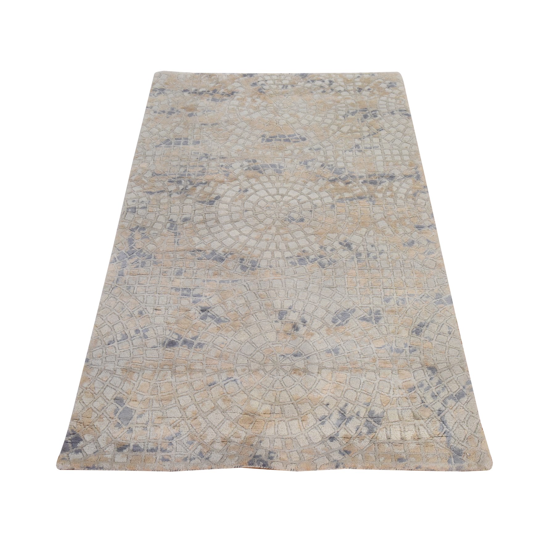 3'x5' Beige, Wool and Pure Silk, Mosaic Design, Hand Knotted, Modern, Oriental Rug 
